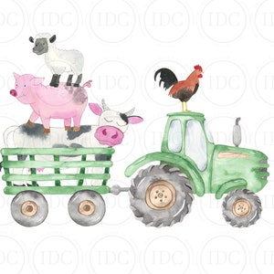 Farm Animal Green Tractor PNG Cow Pig Sheep Rooster PNG Farm Tractor Animals  PNG Farm Party Watercolor Digital Download