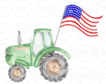 Tractor verde con bandera estadounidense PNG Tractor Bandera estadounidense PNG Bandera de EE. UU. PNG Tractor verde Acuarela Descarga digital Sublimación
