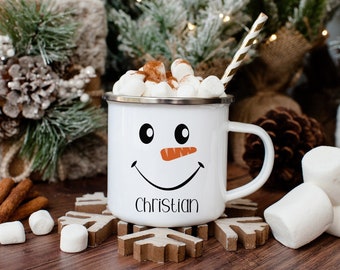 Snowman Christmas Mug for Kids Personalized Hot Chocolate Mug Enamel Mug with Name Snowman Cup