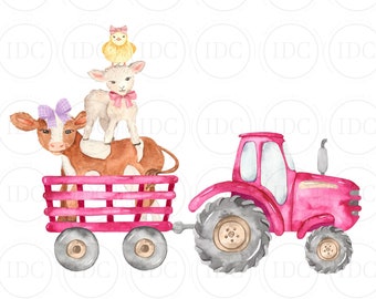 Farm Animal Pink Tractor PNG Cow Lamb Chicken PNG Pink Tractor Animals  PNG Farm Tractor Watercolor Digital Download Sublimation