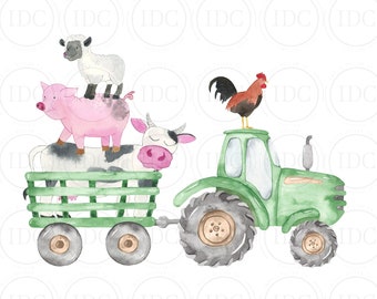 Farm Animal Green Tractor PNG Cow Pig Sheep Rooster PNG Farm Tractor Animals  PNG Farm Party Watercolor Digital Download