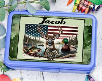 Hunting Personalized Pencil Box For Kids School Supplies Back to School Decal Custom Name Sticker Fishing Outdoor Hunting