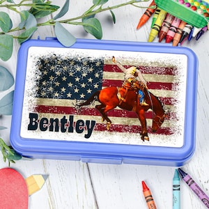 Western Cowboy Rodeo Horse Bronc Rider Personalized Pencil Box Kids American Flag Bucking Horse Personalized Back to School Supplies