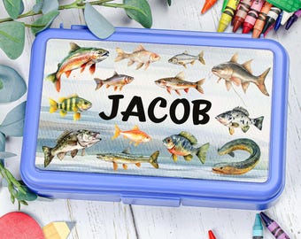 Personalized Fishing Pencil Box Decal Custom Kids Name Sticker Fish Theme School Supply Label