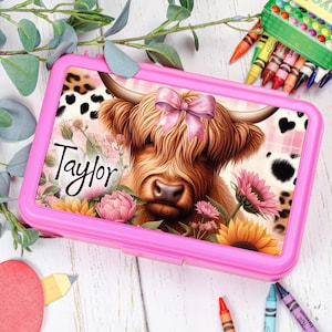 Pencil Box Personalized Gift for Kids Back to School Supplies Highland Cow Country Theme Classroom Supply Box