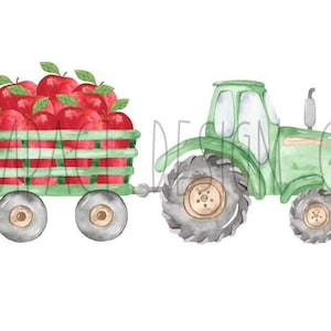 May include: A green toy tractor pulling a wagon full of red apples. The wagon has a green wooden frame and a metal axle. The tractor has a black steering wheel and a black exhaust pipe.