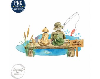Niños pescando acuarela PNG Niños peces PNG Gone Fishing Camiseta para niños PNG Acuarela Sublimación Descarga digital