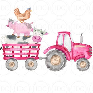Farm Animal Pink Tractor PNG Cow Pig Chicken PNG Farm Tractor Animals PNG Farm Party Watercolor Digital Download Sublimation