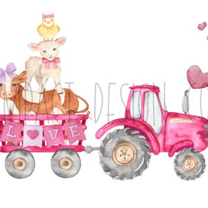 Saint Valentin tracteur PNG Trio d'animaux de ferme rose tracteur aquarelle téléchargement numérique Sublimation amour coeurs Clipart