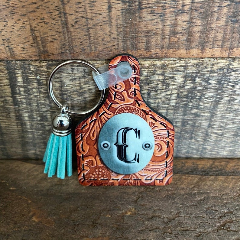 Personalized Western Keychain Cow Tag Keychain Wood Leather Etsy