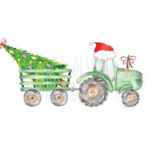 Könnte beinhalten: Aquarellillustration eines grünen Traktors, der einen Wagen mit einem Weihnachtsbaum zieht. Der Traktor hat einen Weihnachtsmannhut und eine rote Schleife. Der Baum ist mit Ornamenten und einer roten Schleife geschmückt.