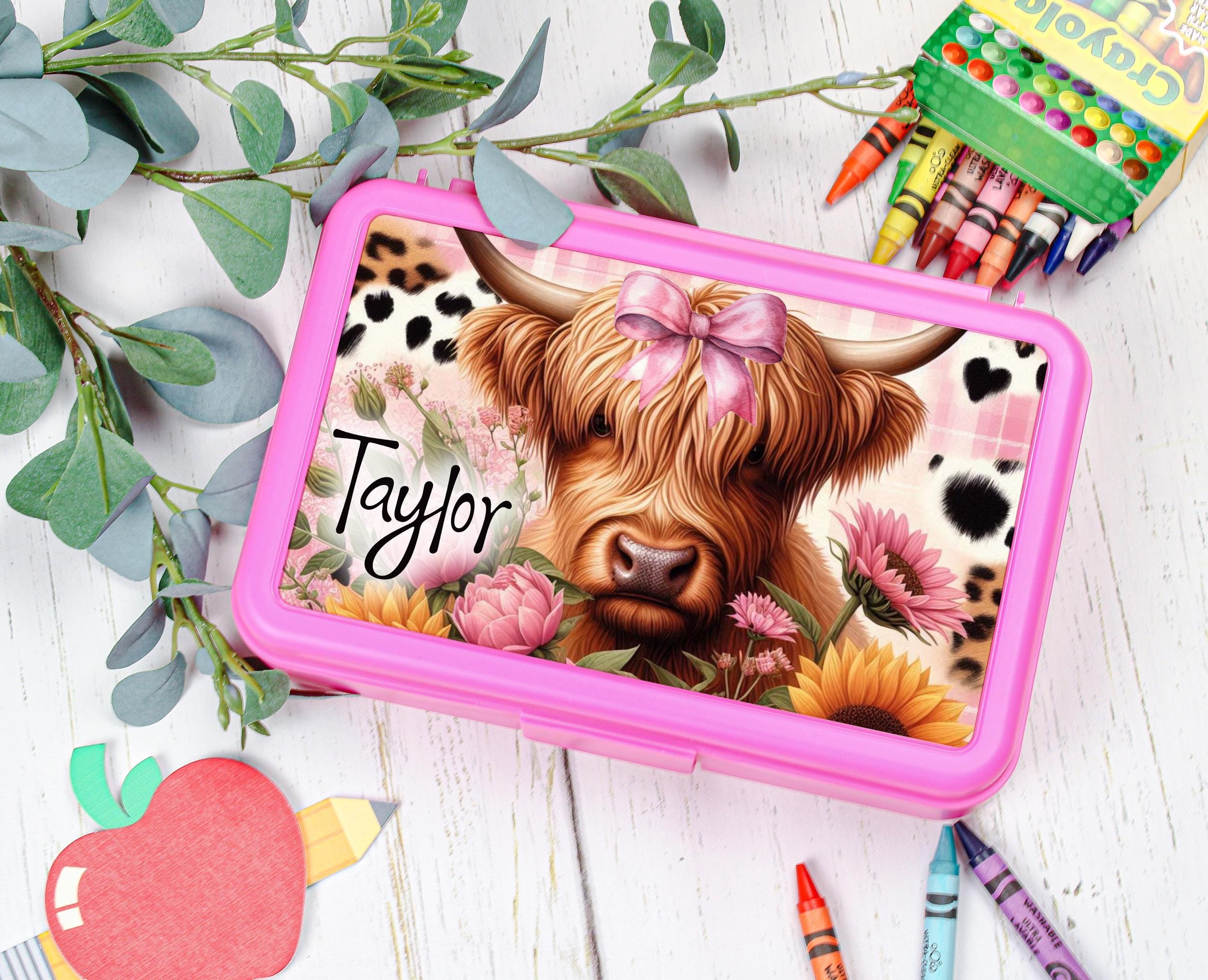 Pencil Box Personalized Gift for Kids Back to School Supplies Highland Cow Country Theme Classroom Supply Box