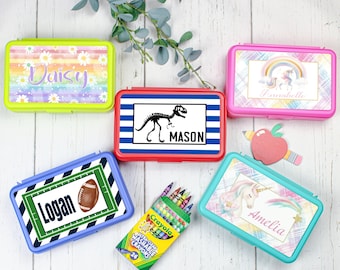 Personalized Pencil Box Decal Sticker Custom Kids Name Label Back to School Sports Rainbow Animal Truck Designs
