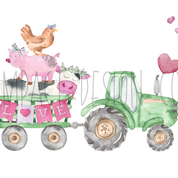 Valentines Day Tractor PNG Valentines Day PNG Farm Animal Green Tractor PNG Valentines Day Heart Watercolor Digital Download Sublimation