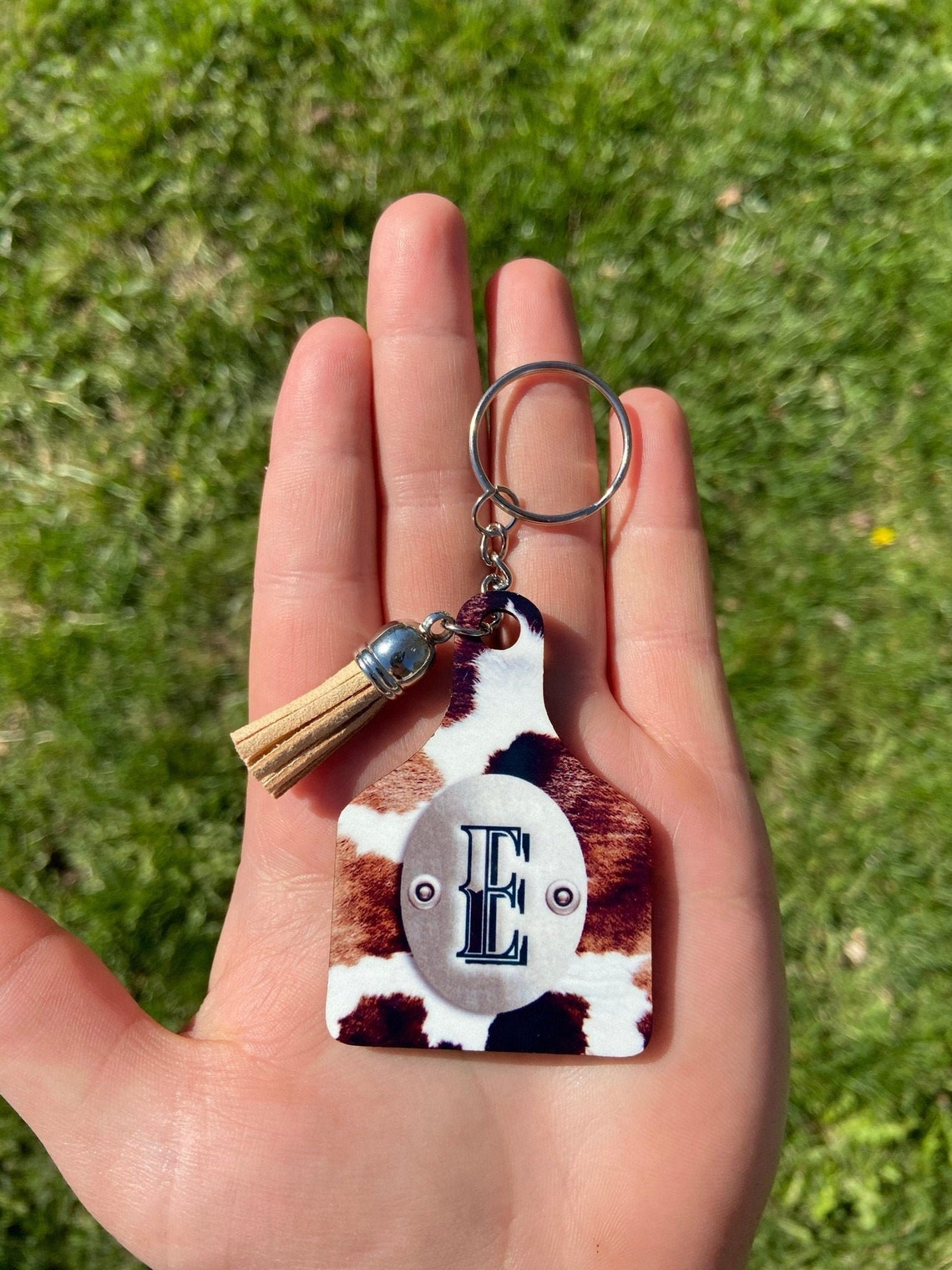 Personalized Western Keychain Cow Hide Cow Tag Keychain Etsy