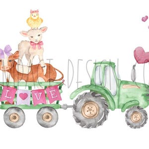 Saint Valentin tracteur PNG ferme animaux Trio GreenTractor aquarelle téléchargement numérique Sublimation amour coeurs Clipart