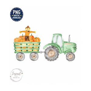 May include: A watercolor illustration of a green tractor pulling a green wagon filled with orange pumpkins and a scarecrow wearing a brown hat and plaid shirt. The image includes a circular badge labeled PNG DIGITAL DOWNLOAD.