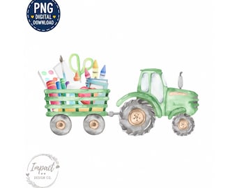Boys Tractor Sublimation Design Watercolor Back to School Supplies PNG Farm Digital Download Clipart