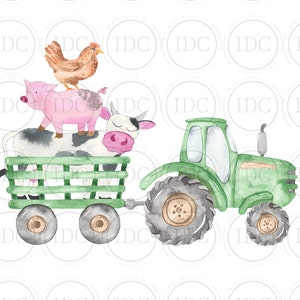 Animal de granja Tractor verde PNG Vaca Cerdo Pollo PNG Granja Tractor Animales PNG Fiesta de granja Acuarela Descarga digital Sublimación