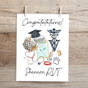 May include: Congratulations card with a watercolor illustration of a veterinary graduation cap, a pet carrier, a stethoscope, a clipboard, a medical symbol, and other veterinary tools. The card says "Congratulations!" and "Shannon RVT".