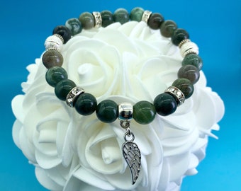Pulseira de pedra preciosa de ágata com pingente de asa de anjo