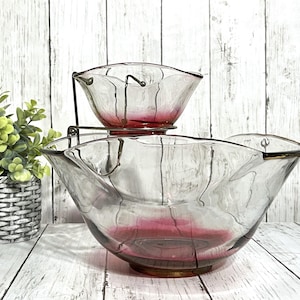 Vintage Ruby Ombre Indiana Glass Snack Set Chip and Dip Set, Holiday serving, 3 pc set