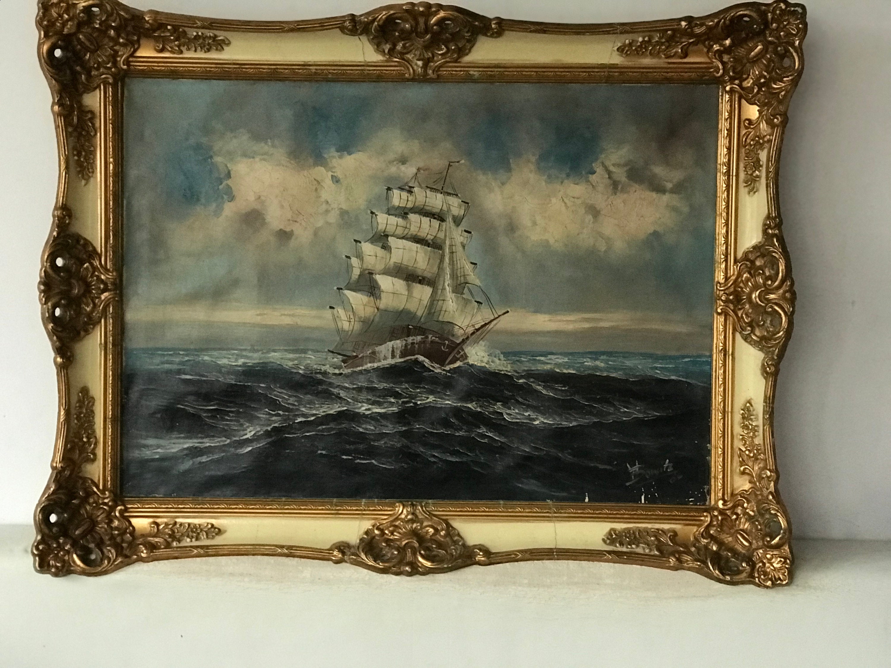 嵐の海に浮かぶ大型帆船のアンティーク油絵、オリジナルの海洋アート