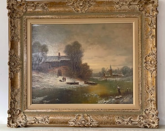Pintura de paisaje ruso realista vintage, marco barroco ornamentado, arte mural firmado, regalo de Navidad, decoración del hogar, óleo sobre lienzo