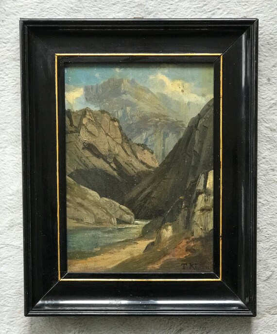 Antique Mountain Landscape Oil Painting by Theodor Köppen, Dated 1900, German School, Framed Turn-of-the-Century European Artwork