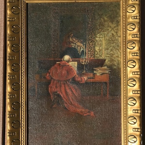Obraz olejny Ave Maria, Boskie melodie, Richard Linderum, 1851, antyczna, ozdobna, złocona rama, dzieło starych mistrzów, prezent vintage