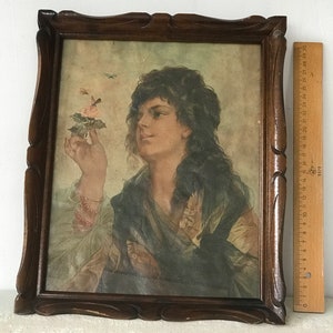 Antique Lithograph Portrait in Victorian Fashion, Vintage Lithograph Painting, Vintage Home Decor, Wall Art, Fine Art Collectible