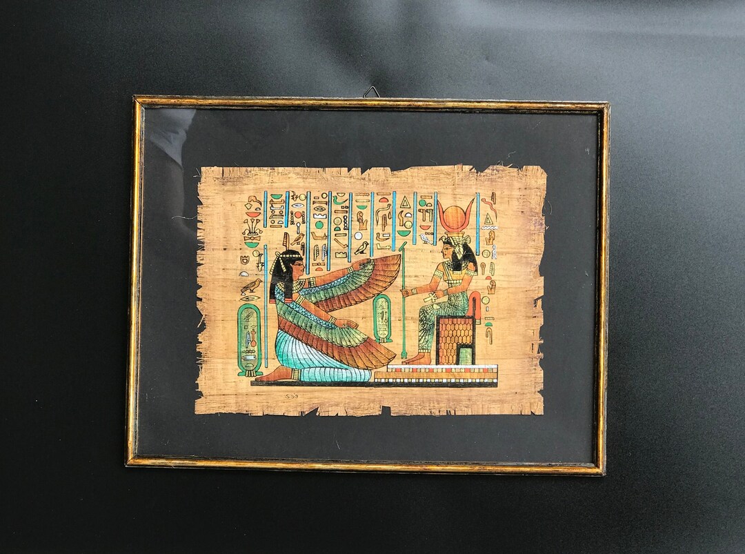 エジプトパピルス画イシス エジプトの女神イシスとマアトを描いた希少なパピルス画、古代エジプト