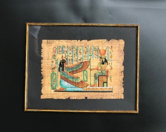 エジプトパピルス画イシス エジプトの女神イシスとマアトを描いた希少なパピルス画、古代エジプト