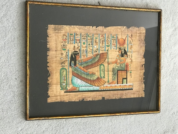 エジプトの女神イシスとマアトを描いた希少なパピルス画、古代エジプト