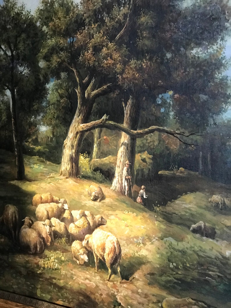 Vintage Framed Sheep Painting by C. Boucher, Large Oil Landscape ...