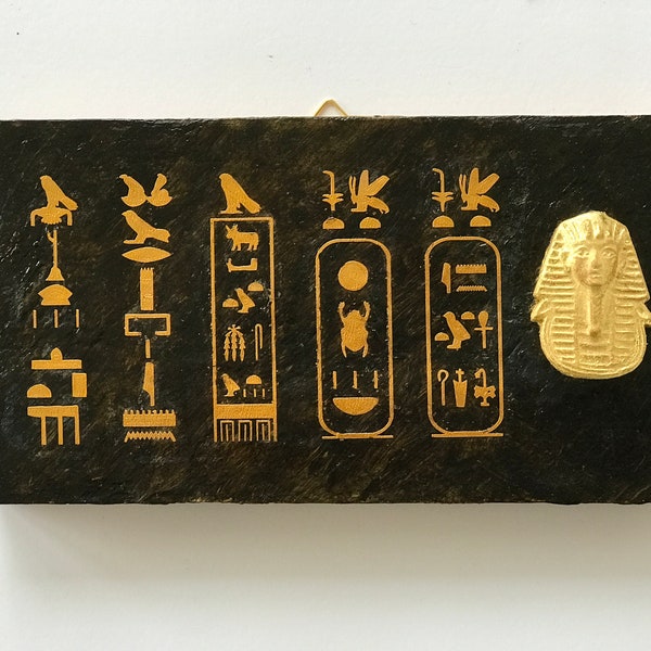 Miniature Artwork of Tutankhamun 24K Gold Mask and Hieroglyphs, Egyptian Artifacts, Decorative Wood Art, Handcrafted masterpiece, Gift ideas