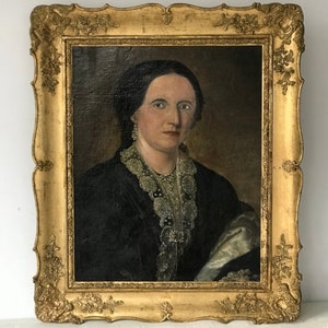 Pintura a óleo de retrato europeu antigo do século XIX de uma nobre | Obra de arte original do século XIX com moldura dourada ornamentada | Belas artes vintage