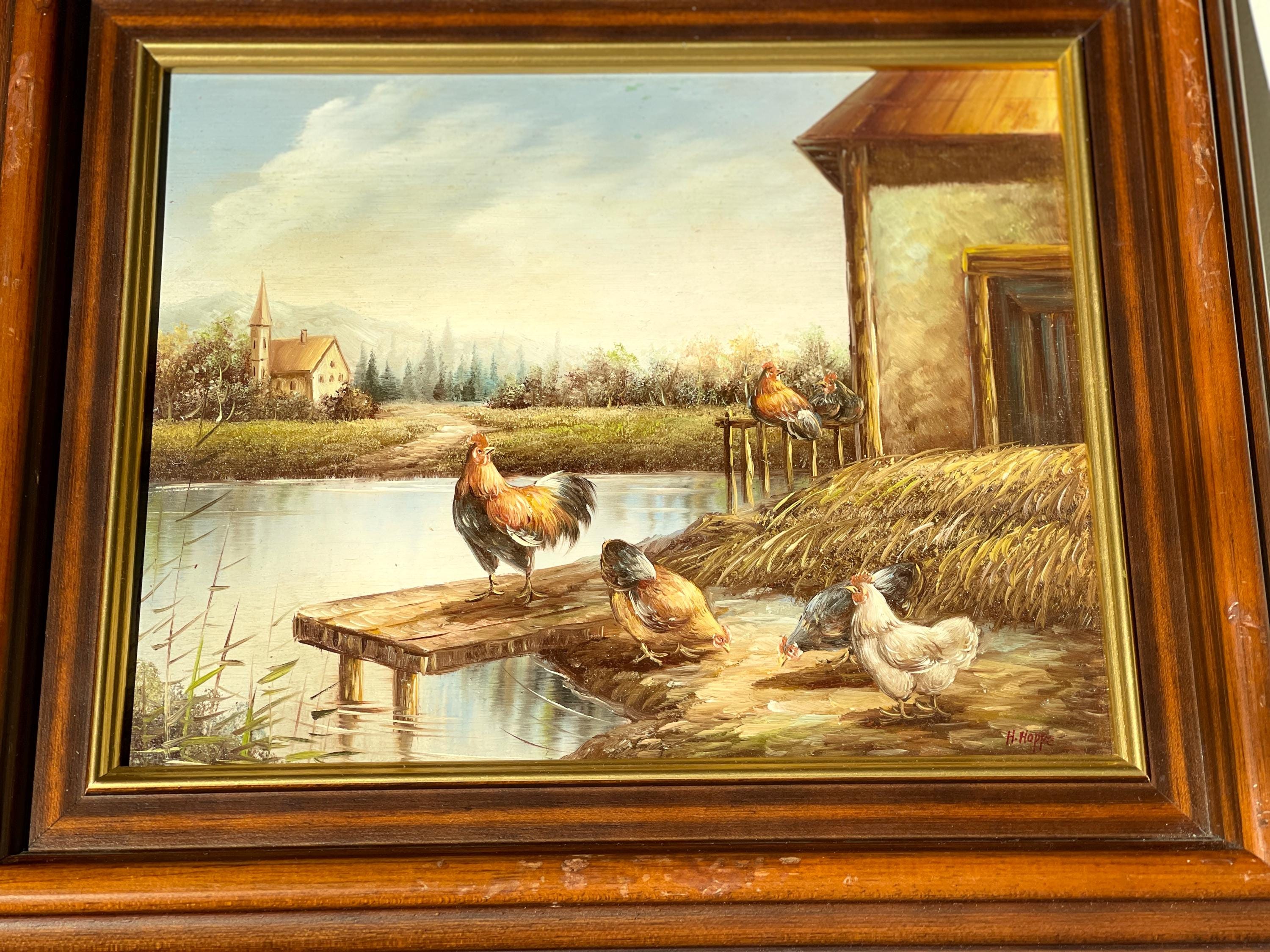 Exquisite Vintage Original Roosters and Hens Oil Painting on Wood