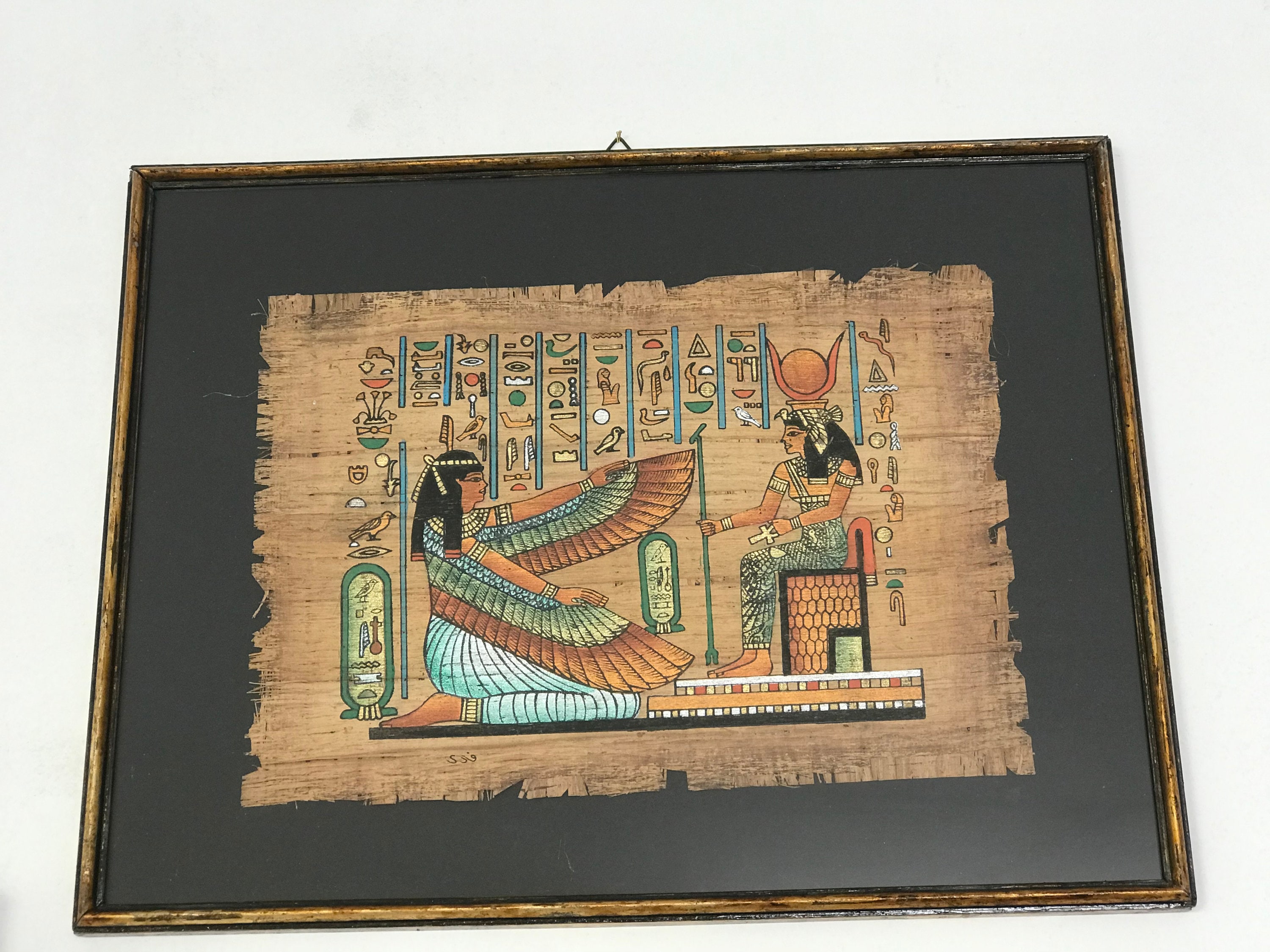 エジプトの女神イシスとマアトを描いた希少なパピルス画、古代エジプト