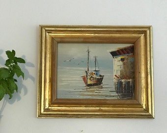 Original Oil Seascape Painting, Boats on the Sea, Oil on Canvas Board housed on Beautiful Gilded Wood Frame, Gift for art lovers, Home Decor