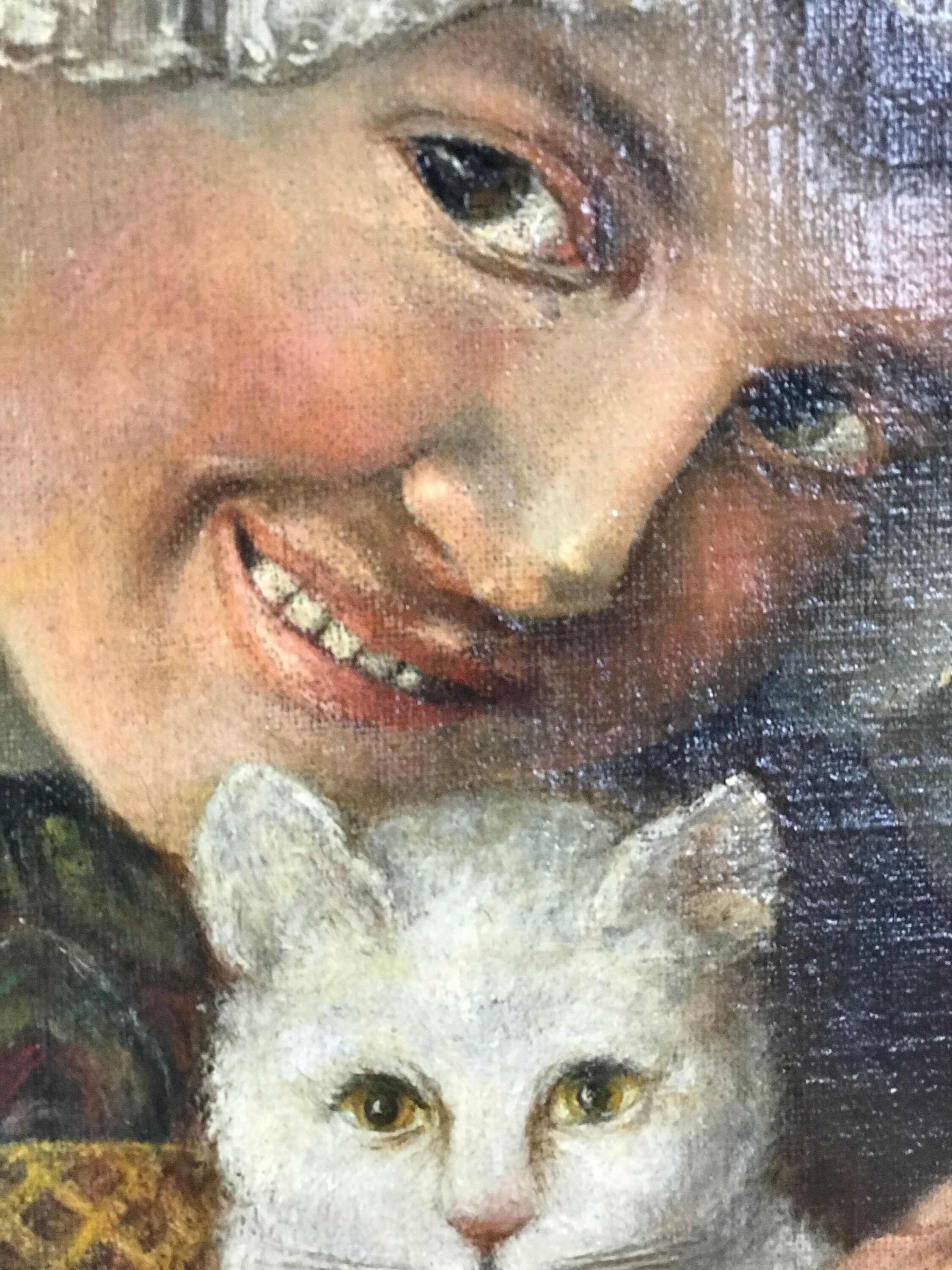 19世紀ヨーロッパの油絵、署名入り「白い猫を連れた若い女性の肖像