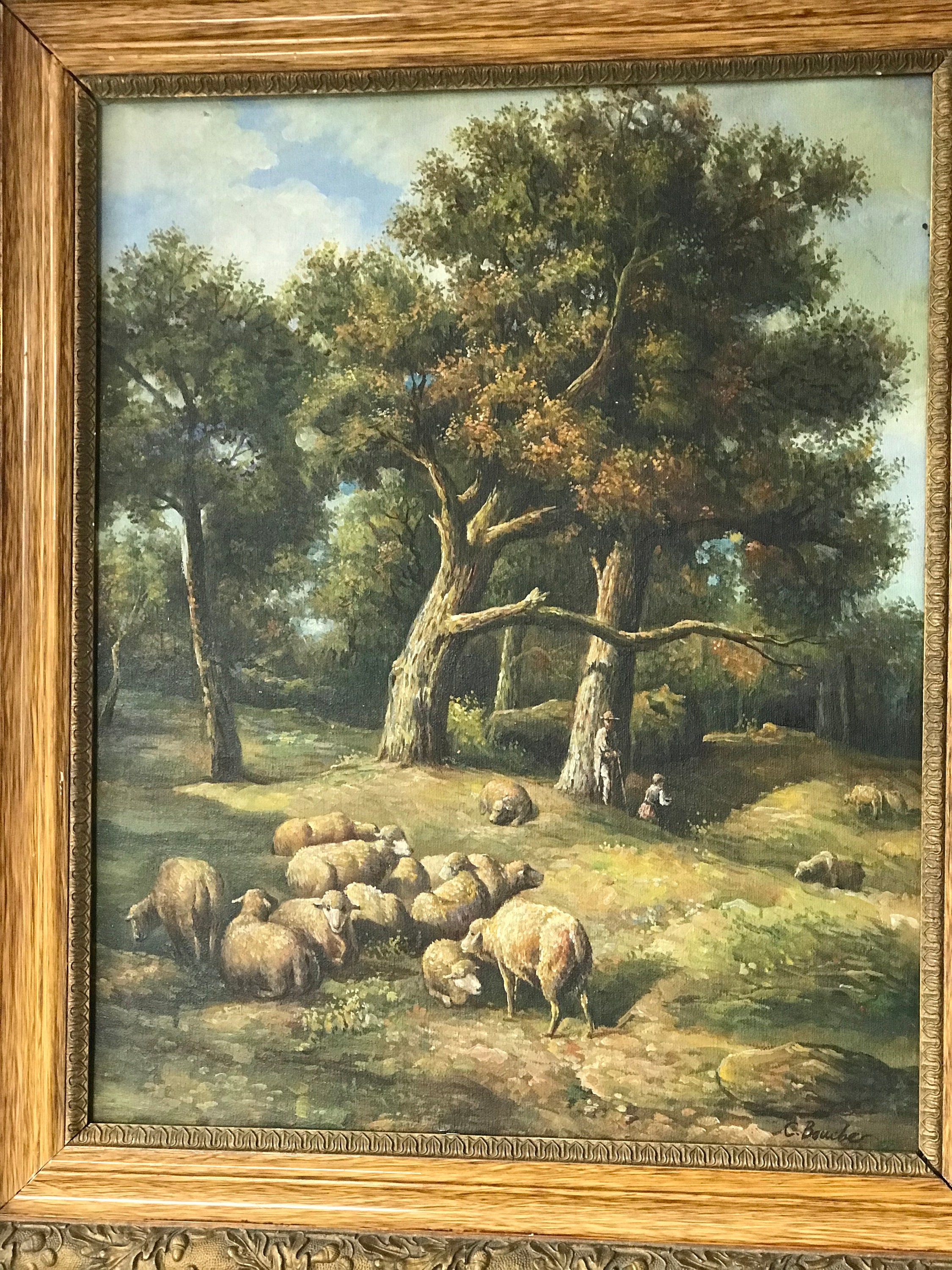 Vintage Framed Sheep Painting by C. Boucher, Large Oil Landscape ...