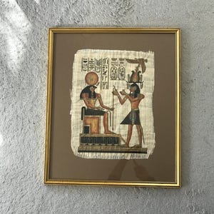 Vintage Genuine Papyrus Painting of Horus on the throne and Ramses II in Offering, History enthusiasts, Handcrafted Beauty, Egyptian Gift