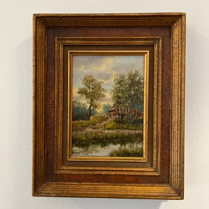 Exquisite Vintage Original Landscape Oil Painting on Wood Board, Signed, Framed with fernier Gold Frame, Rustic Decoration Wall Art