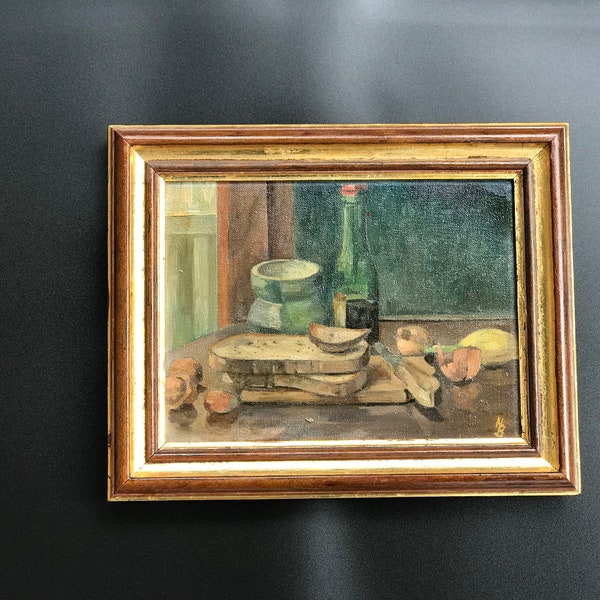 Original Still Life Oil Painting, Oil On Canvas, Vintage Style, Signed 1974 , Vintage gilded Wood Frame, Wall Decor