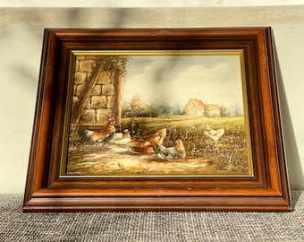 Peinture à l'huile originale vintage de coqs et de poules sur panneau de bois, peinture à l'huile de poulailler, signée, encadrée, idée cadeau, art mural antique