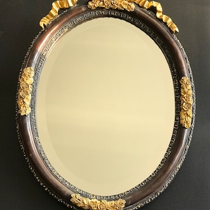 Antique French Style Oval Wall Mirror – Gilt Ribbon & Floral Details, Rococo / Louis XVI Revival