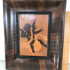 Inlaid Wood art for Putto Cherub driving Swan Framed in Antique Wood Frame, Vintage Wall Wood Art Style, Christmas Gift Idea