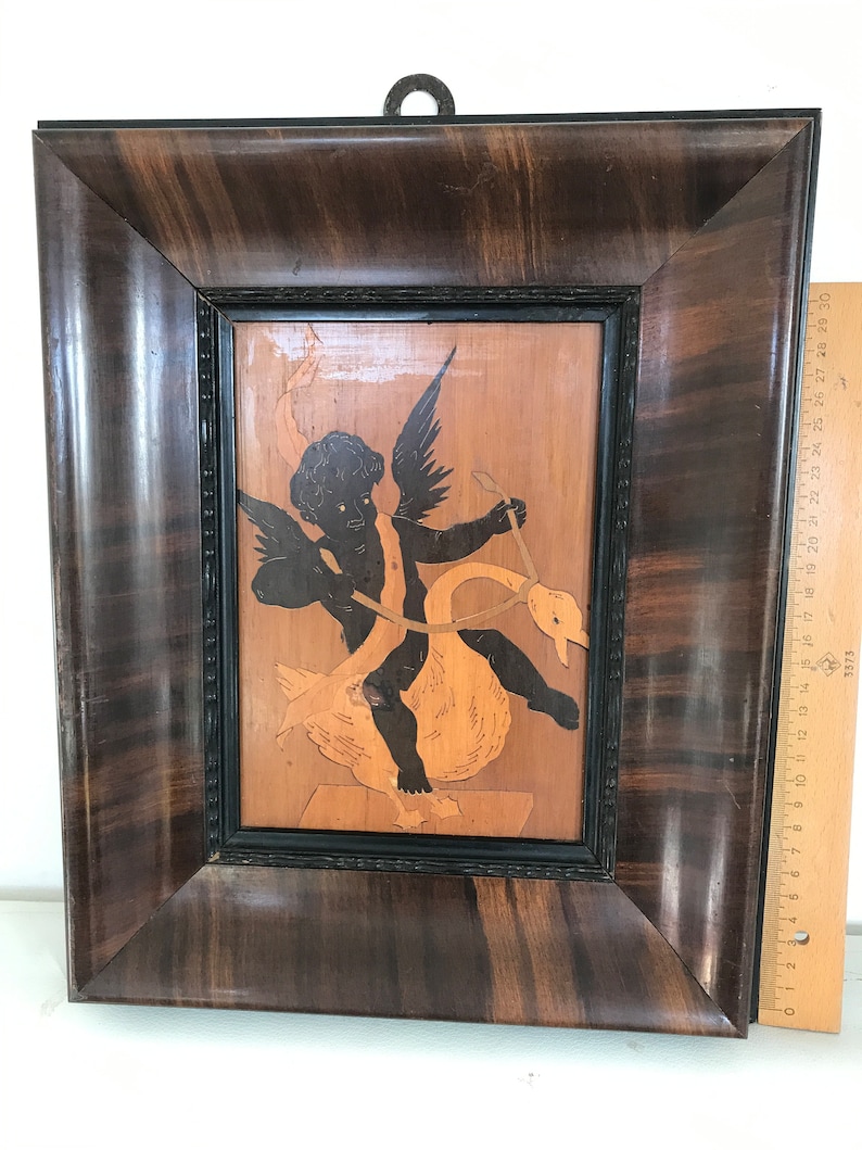 Inlaid Wood Art for Putto Cherub Driving Swan Framed in Antique Wood