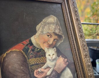 19世紀ヨーロッパの油絵、署名入り「白い猫を連れた若い女性の肖像